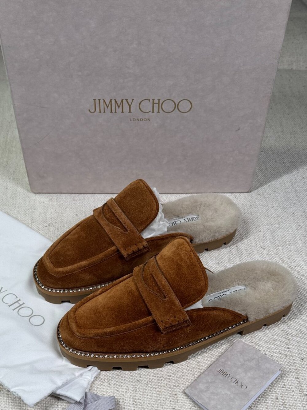 Jimmy Choo Ronnie Suede Shearling Slip-On Loafer Mules Slides Size 38
